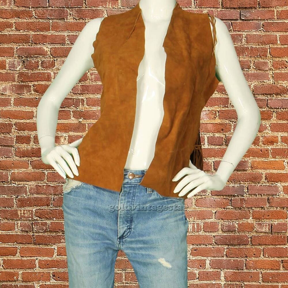 Boho Chic Suede Leather Vest Fringe Lace-up Vintage Brown S